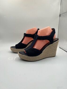 Moda Spana Navy Espadrille Wedge Sandals | Size 10M | T-Strap Platform Heels